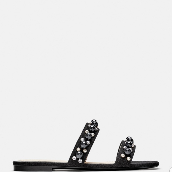 ZARA BLACK FLAT SANDALS WITH PEARL STRAPS - Picture 3 of 4
